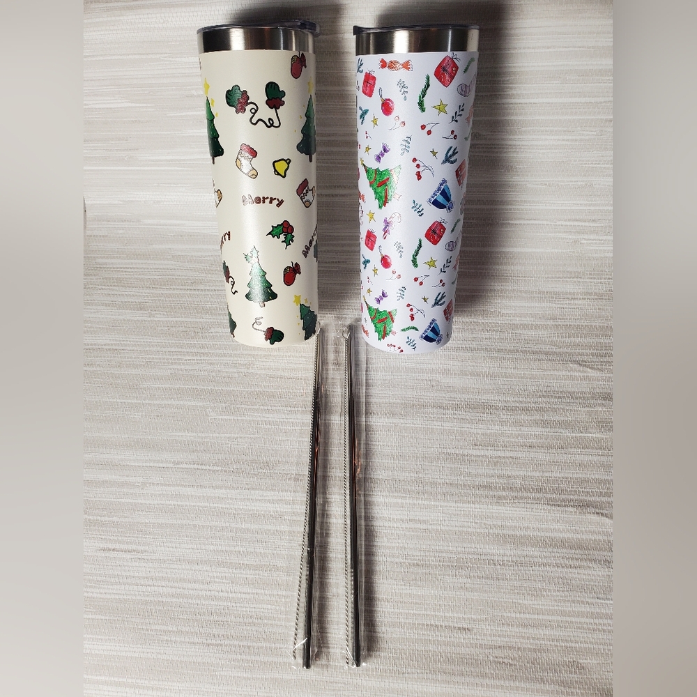 20oz Insulated Trumblers With Straws Set Of 2 Christmas Holidays Tumbler - Picture 2 of 5